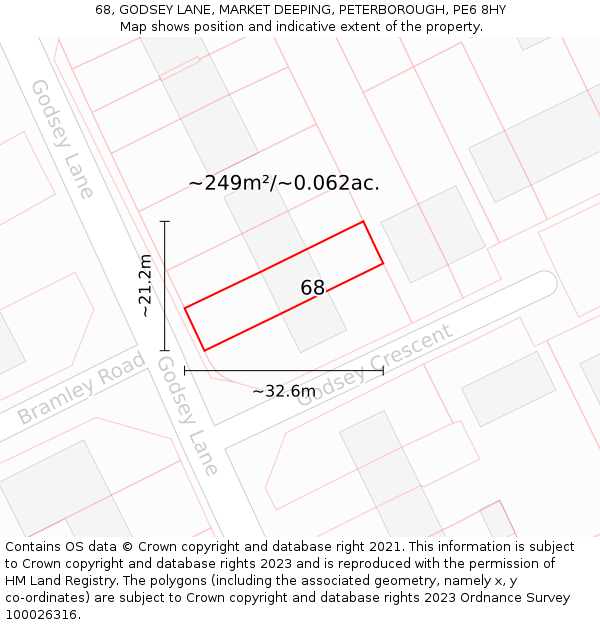 68, GODSEY LANE, MARKET DEEPING, PETERBOROUGH, PE6 8HY: Plot and title map