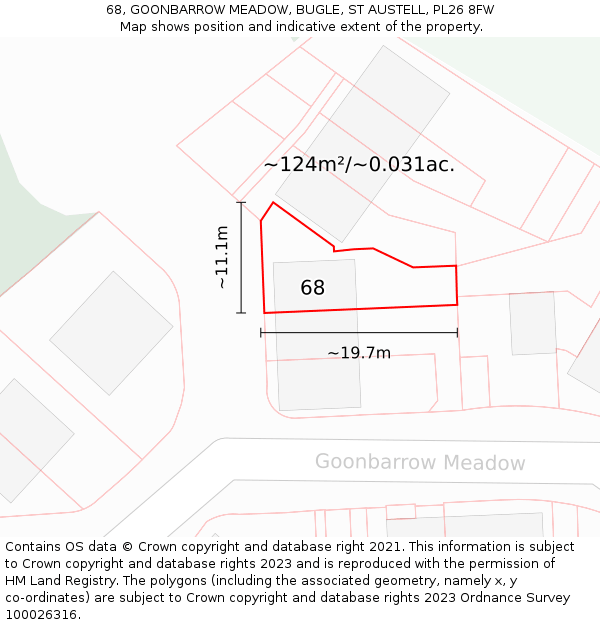 68, GOONBARROW MEADOW, BUGLE, ST AUSTELL, PL26 8FW: Plot and title map