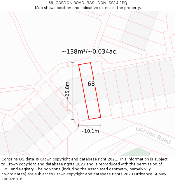 68, GORDON ROAD, BASILDON, SS14 1PQ: Plot and title map