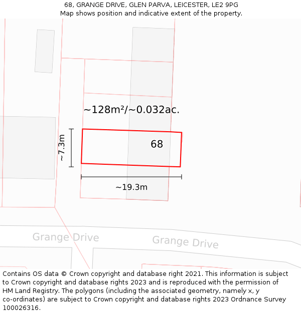 68, GRANGE DRIVE, GLEN PARVA, LEICESTER, LE2 9PG: Plot and title map