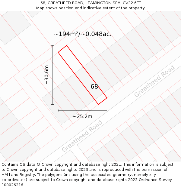 68, GREATHEED ROAD, LEAMINGTON SPA, CV32 6ET: Plot and title map