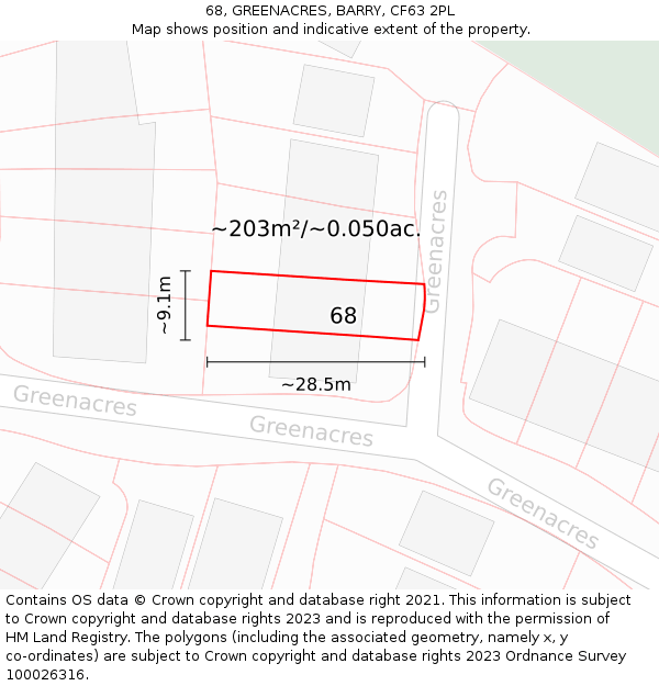 68, GREENACRES, BARRY, CF63 2PL: Plot and title map