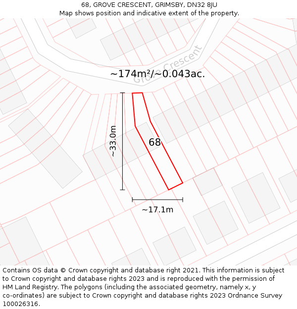 68, GROVE CRESCENT, GRIMSBY, DN32 8JU: Plot and title map