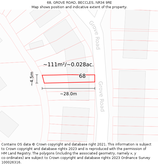 68, GROVE ROAD, BECCLES, NR34 9RE: Plot and title map