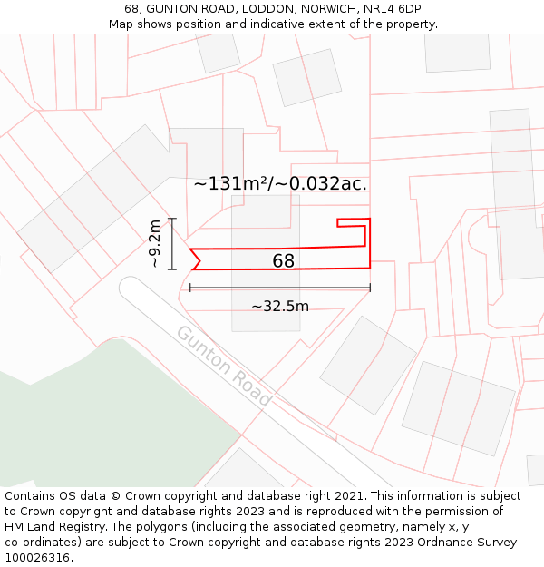 68, GUNTON ROAD, LODDON, NORWICH, NR14 6DP: Plot and title map