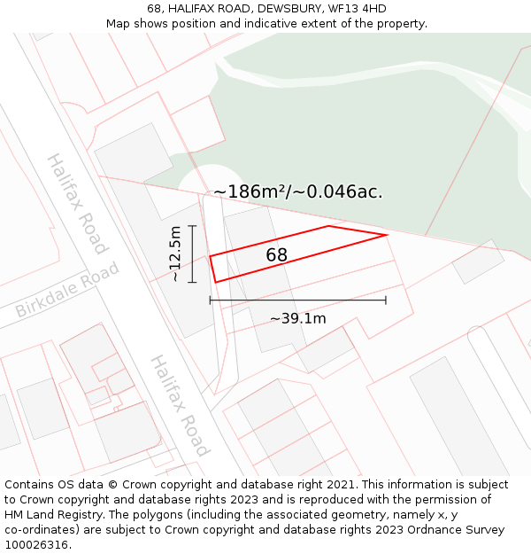 68, HALIFAX ROAD, DEWSBURY, WF13 4HD: Plot and title map