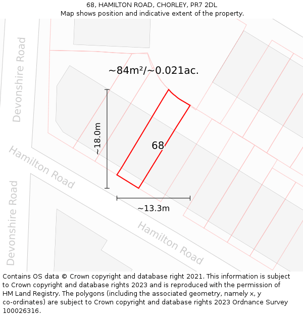 68, HAMILTON ROAD, CHORLEY, PR7 2DL: Plot and title map