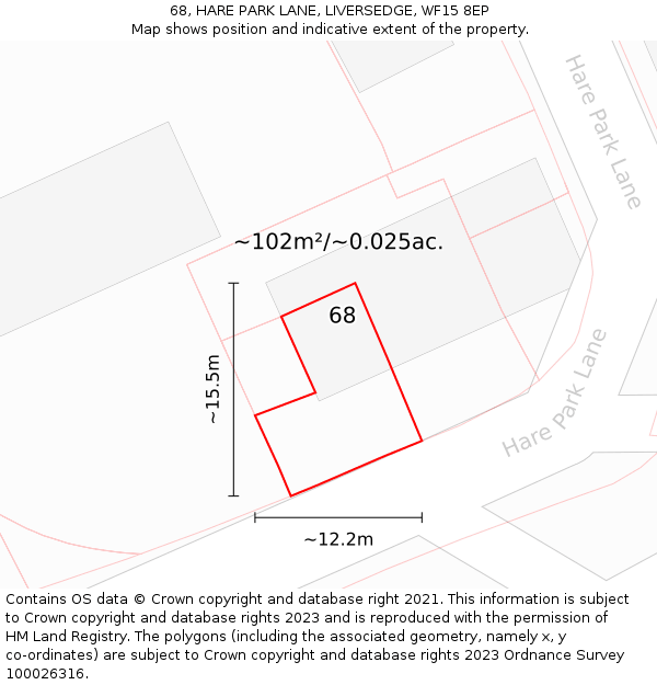 68, HARE PARK LANE, LIVERSEDGE, WF15 8EP: Plot and title map