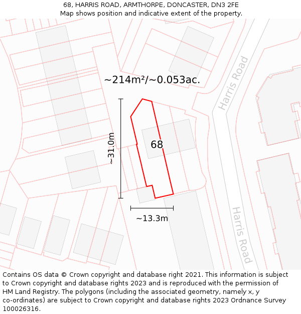 68, HARRIS ROAD, ARMTHORPE, DONCASTER, DN3 2FE: Plot and title map