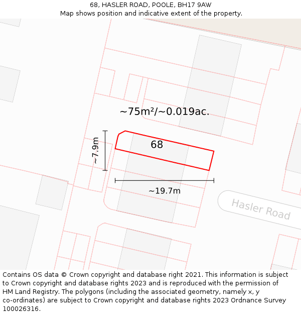 68, HASLER ROAD, POOLE, BH17 9AW: Plot and title map