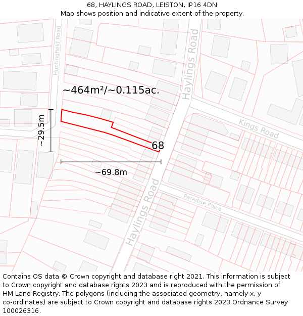 68, HAYLINGS ROAD, LEISTON, IP16 4DN: Plot and title map