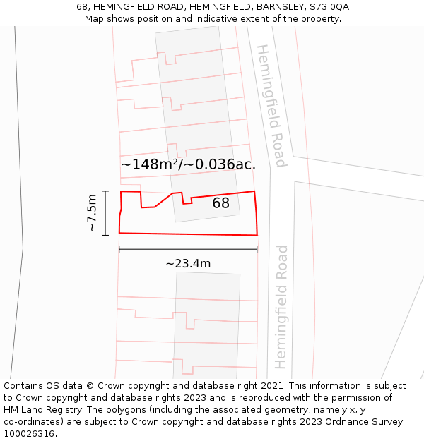 68, HEMINGFIELD ROAD, HEMINGFIELD, BARNSLEY, S73 0QA: Plot and title map