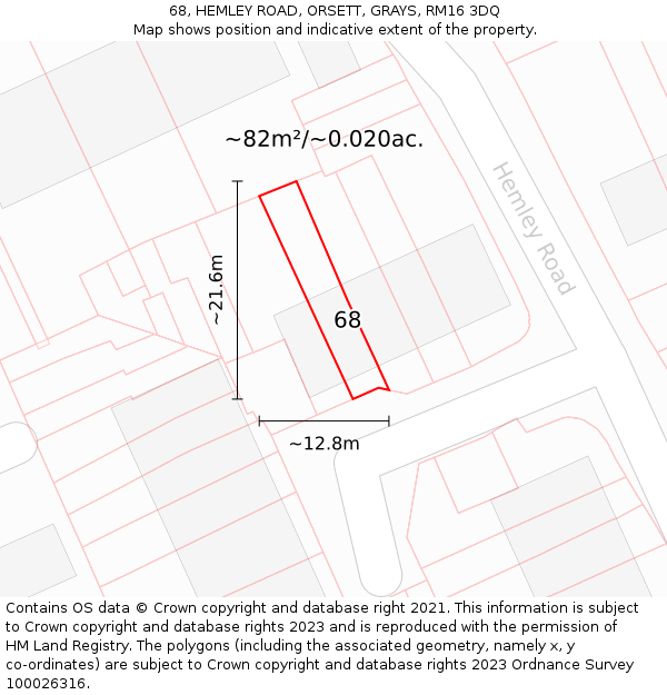 68, HEMLEY ROAD, ORSETT, GRAYS, RM16 3DQ: Plot and title map