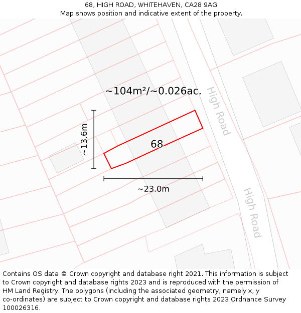 68, HIGH ROAD, WHITEHAVEN, CA28 9AG: Plot and title map