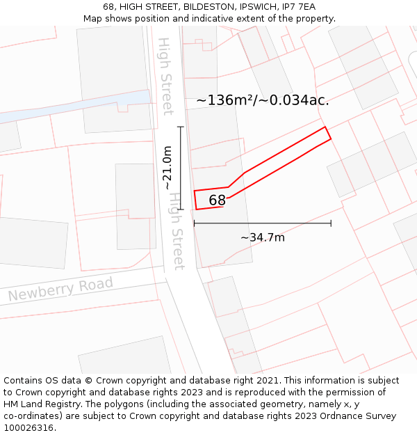 68, HIGH STREET, BILDESTON, IPSWICH, IP7 7EA: Plot and title map
