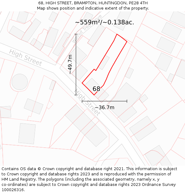 68, HIGH STREET, BRAMPTON, HUNTINGDON, PE28 4TH: Plot and title map