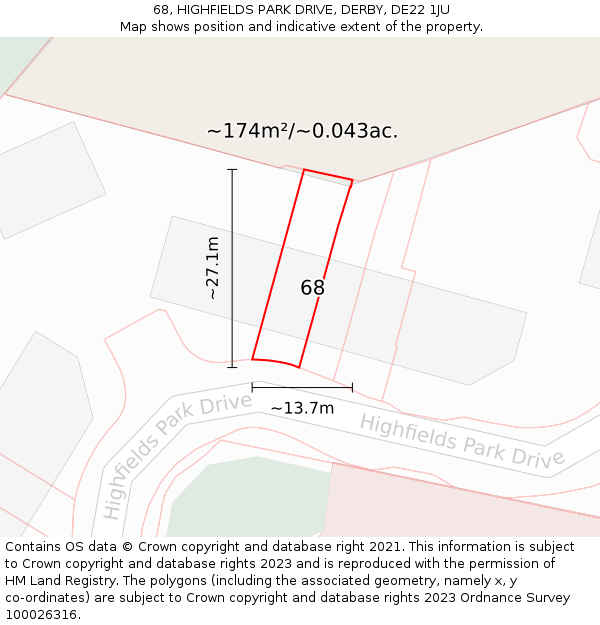 68, HIGHFIELDS PARK DRIVE, DERBY, DE22 1JU: Plot and title map