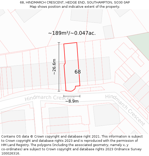 68, HINDMARCH CRESCENT, HEDGE END, SOUTHAMPTON, SO30 0AP: Plot and title map