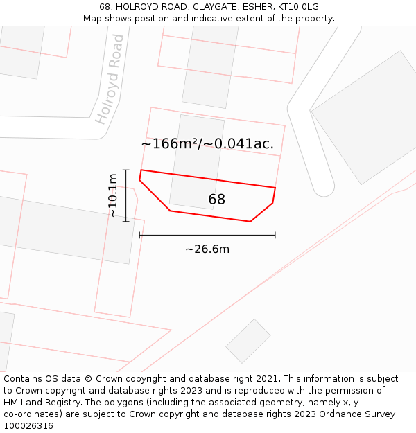 68, HOLROYD ROAD, CLAYGATE, ESHER, KT10 0LG: Plot and title map