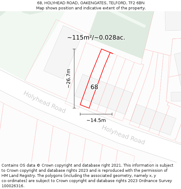 68, HOLYHEAD ROAD, OAKENGATES, TELFORD, TF2 6BN: Plot and title map