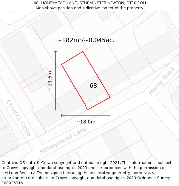 68, HONEYMEAD LANE, STURMINSTER NEWTON, DT10 1QH: Plot and title map