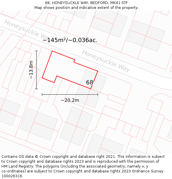 68, HONEYSUCKLE WAY, BEDFORD, MK41 0TF: Plot and title map