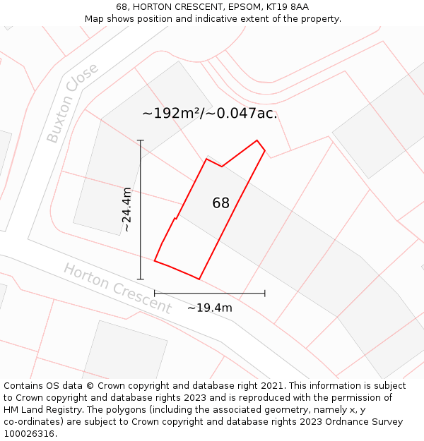 68, HORTON CRESCENT, EPSOM, KT19 8AA: Plot and title map