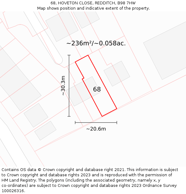68, HOVETON CLOSE, REDDITCH, B98 7HW: Plot and title map