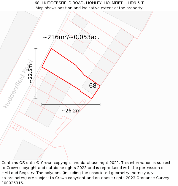 68, HUDDERSFIELD ROAD, HONLEY, HOLMFIRTH, HD9 6LT: Plot and title map