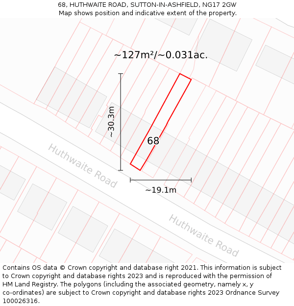 68, HUTHWAITE ROAD, SUTTON-IN-ASHFIELD, NG17 2GW: Plot and title map