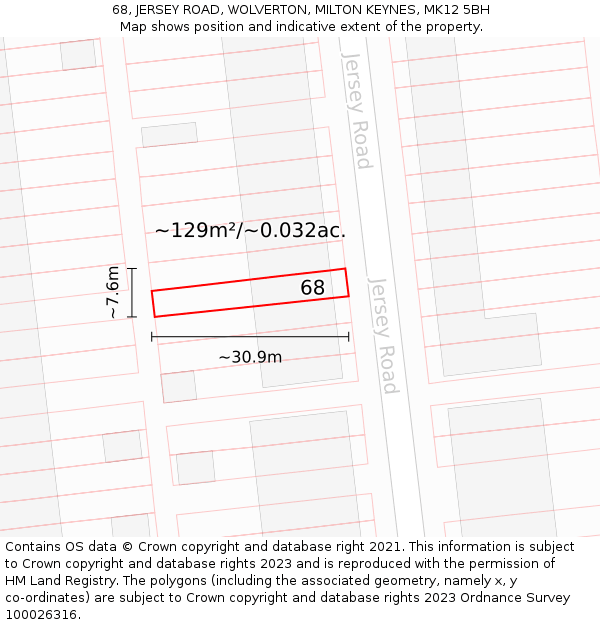 68, JERSEY ROAD, WOLVERTON, MILTON KEYNES, MK12 5BH: Plot and title map