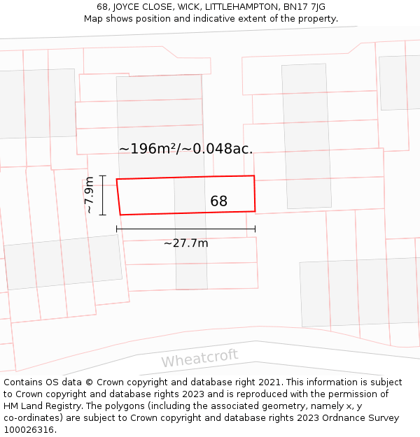 68, JOYCE CLOSE, WICK, LITTLEHAMPTON, BN17 7JG: Plot and title map