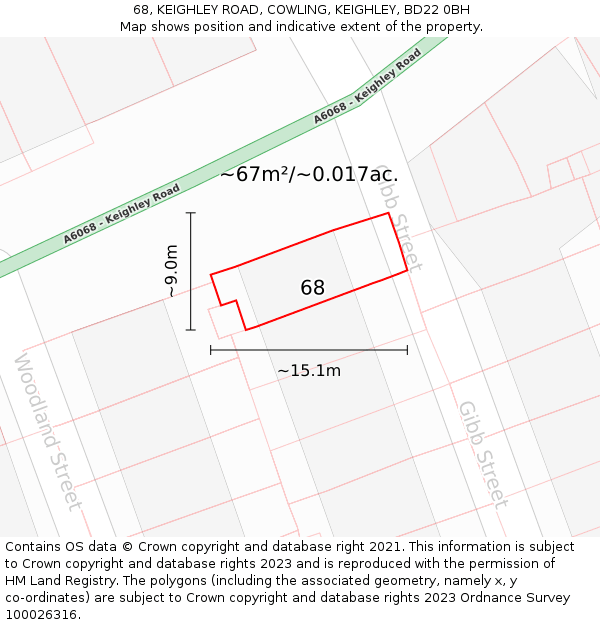 68, KEIGHLEY ROAD, COWLING, KEIGHLEY, BD22 0BH: Plot and title map