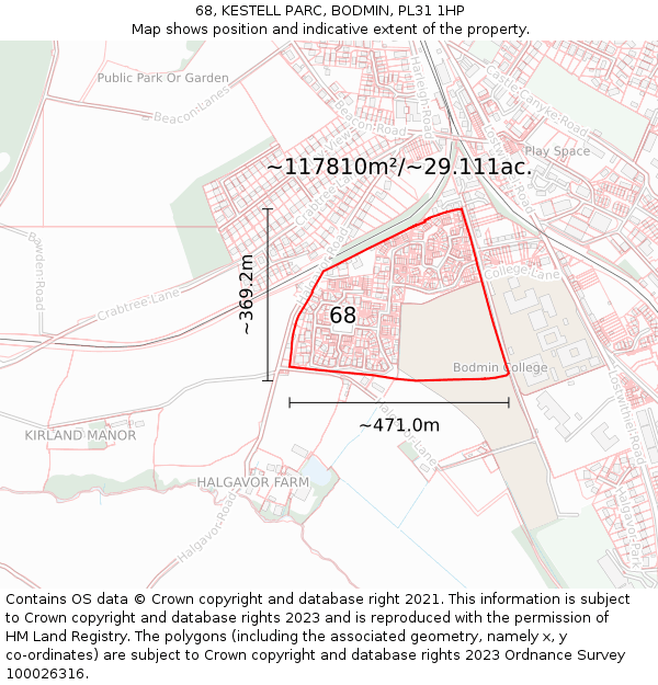 68, KESTELL PARC, BODMIN, PL31 1HP: Plot and title map