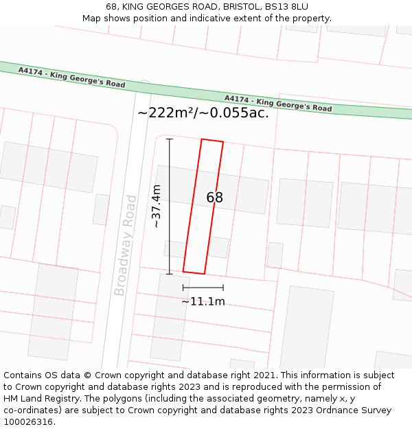 68, KING GEORGES ROAD, BRISTOL, BS13 8LU: Plot and title map
