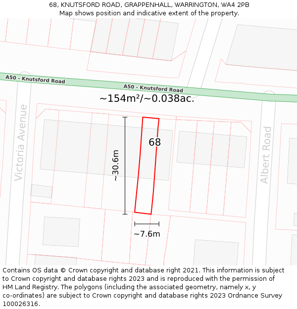 68, KNUTSFORD ROAD, GRAPPENHALL, WARRINGTON, WA4 2PB: Plot and title map