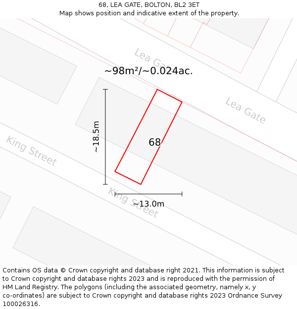 68, LEA GATE, BOLTON, BL2 3ET: Plot and title map