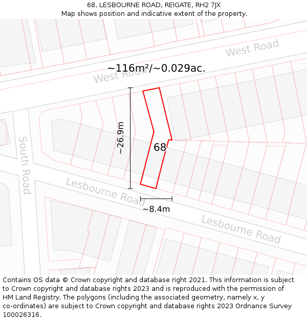 68, LESBOURNE ROAD, REIGATE, RH2 7JX: Plot and title map