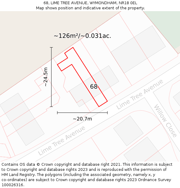 68, LIME TREE AVENUE, WYMONDHAM, NR18 0EL: Plot and title map