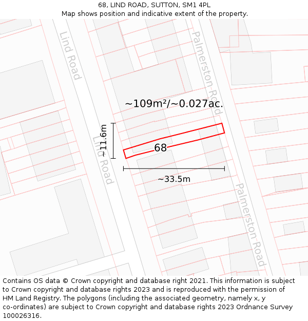 68, LIND ROAD, SUTTON, SM1 4PL: Plot and title map