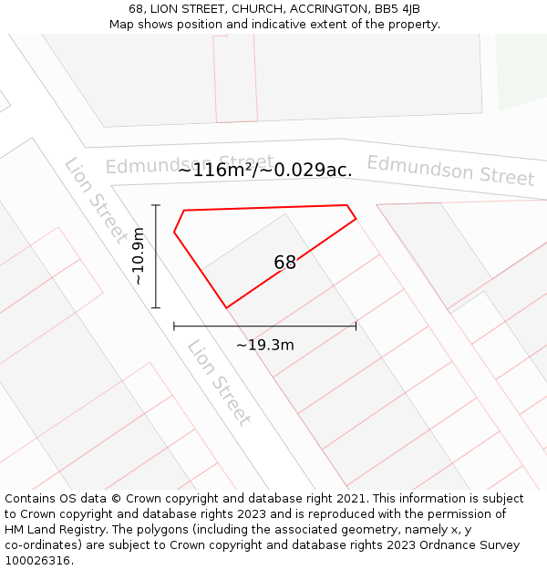 68, LION STREET, CHURCH, ACCRINGTON, BB5 4JB: Plot and title map