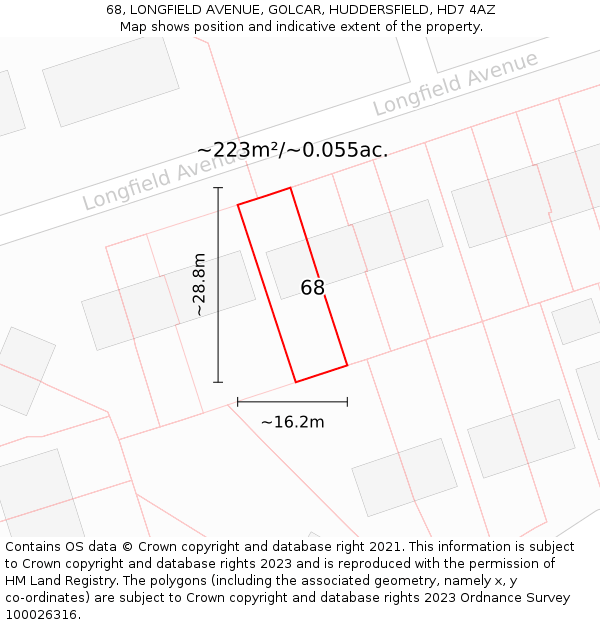 68, LONGFIELD AVENUE, GOLCAR, HUDDERSFIELD, HD7 4AZ: Plot and title map