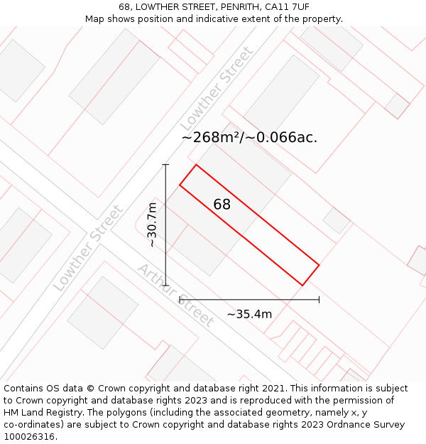 68, LOWTHER STREET, PENRITH, CA11 7UF: Plot and title map