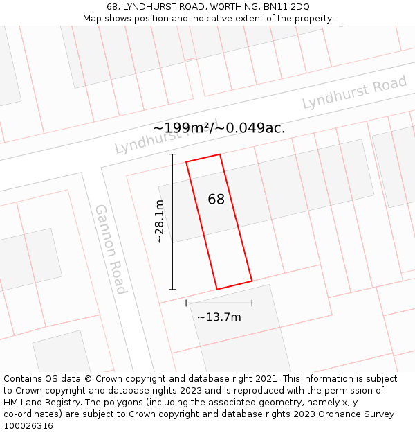 68, LYNDHURST ROAD, WORTHING, BN11 2DQ: Plot and title map