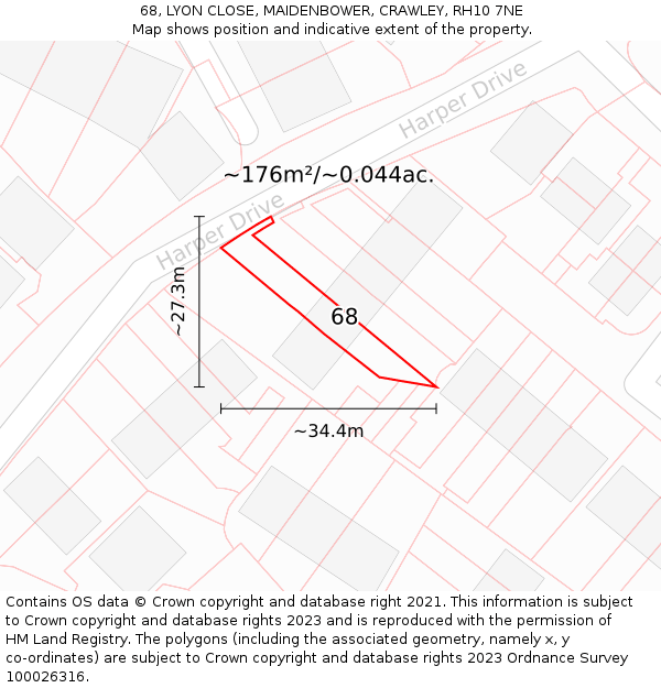 68, LYON CLOSE, MAIDENBOWER, CRAWLEY, RH10 7NE: Plot and title map