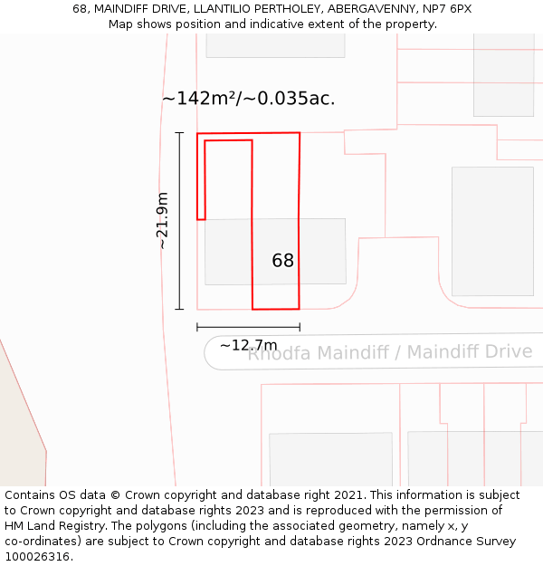 68, MAINDIFF DRIVE, LLANTILIO PERTHOLEY, ABERGAVENNY, NP7 6PX: Plot and title map
