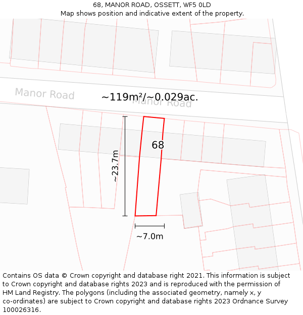 68, MANOR ROAD, OSSETT, WF5 0LD: Plot and title map
