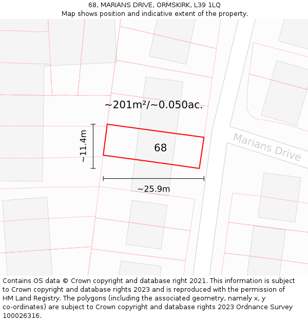 68, MARIANS DRIVE, ORMSKIRK, L39 1LQ: Plot and title map