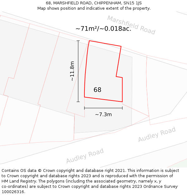 68, MARSHFIELD ROAD, CHIPPENHAM, SN15 1JS: Plot and title map