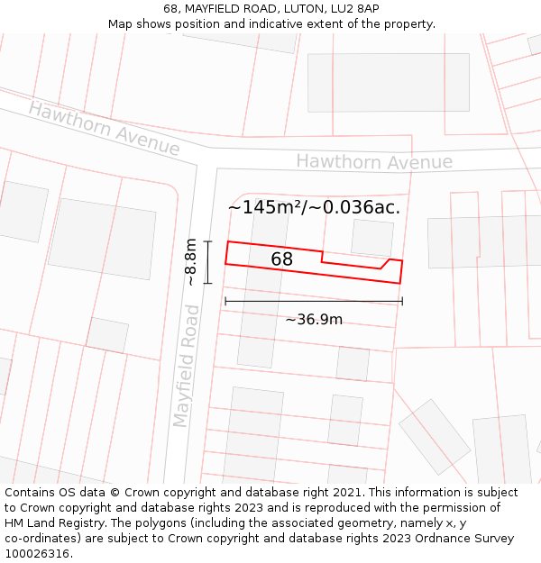 68, MAYFIELD ROAD, LUTON, LU2 8AP: Plot and title map